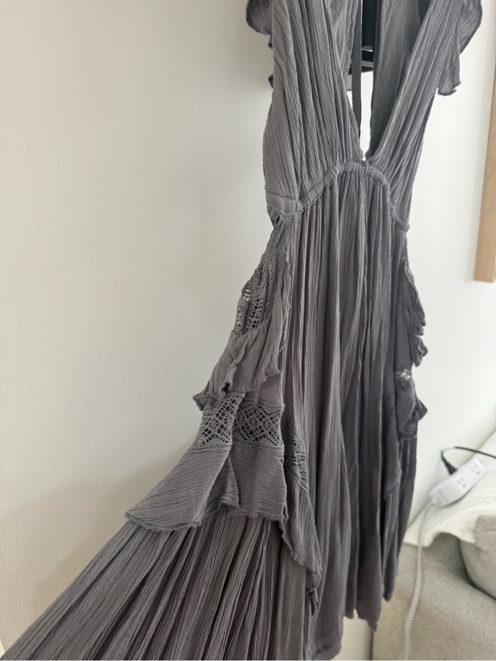 Free People Grey Ruffled Maxi Dress with Lace Insets